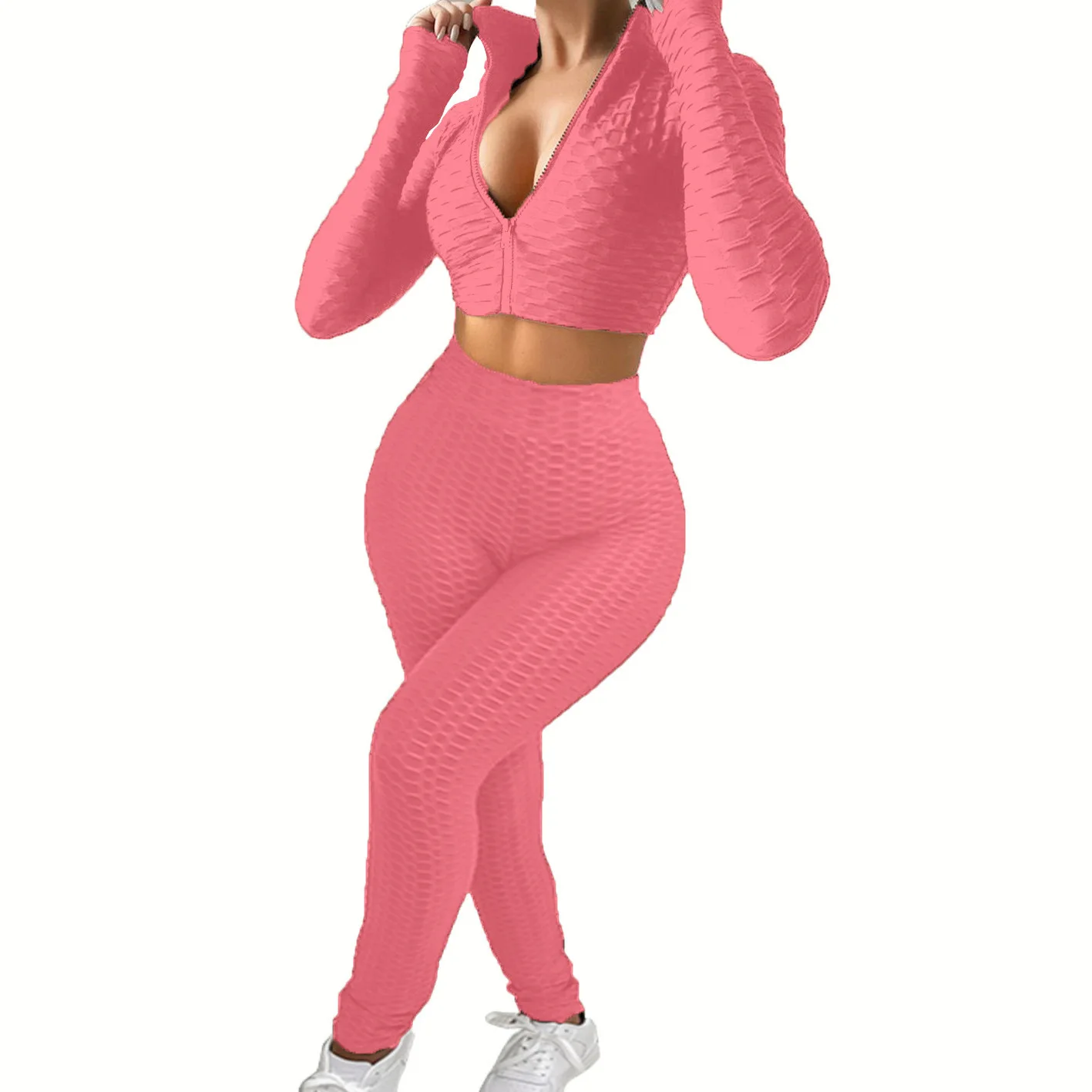 

2 Piece Set Women Sport Suit Crop Top+Pants Casual Trousers Outfit Pink Slash V-neck Long Sleeve Sexy Female Oversize Flame Set