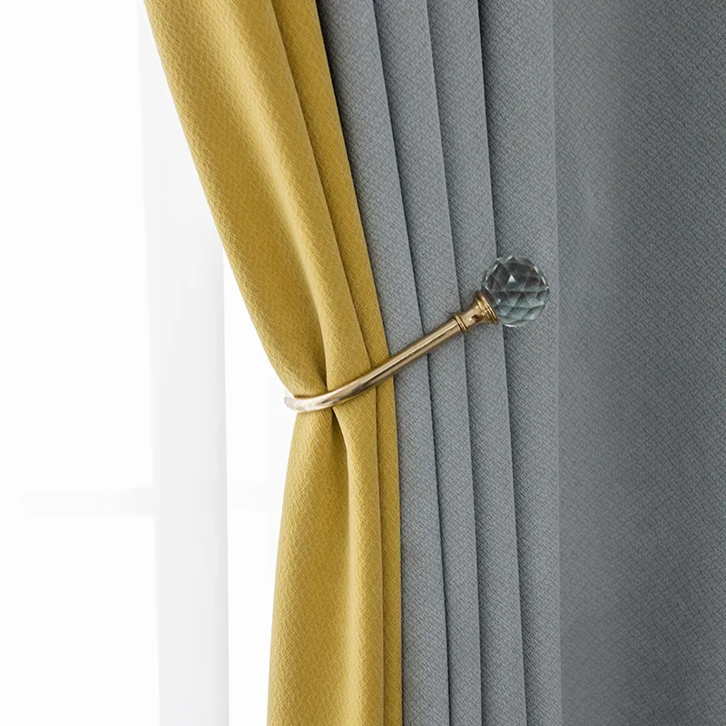 

Nordic light luxury chenille Curtains for Living room bedroom lemon yellow splicing full blackout cloth modern minimalist