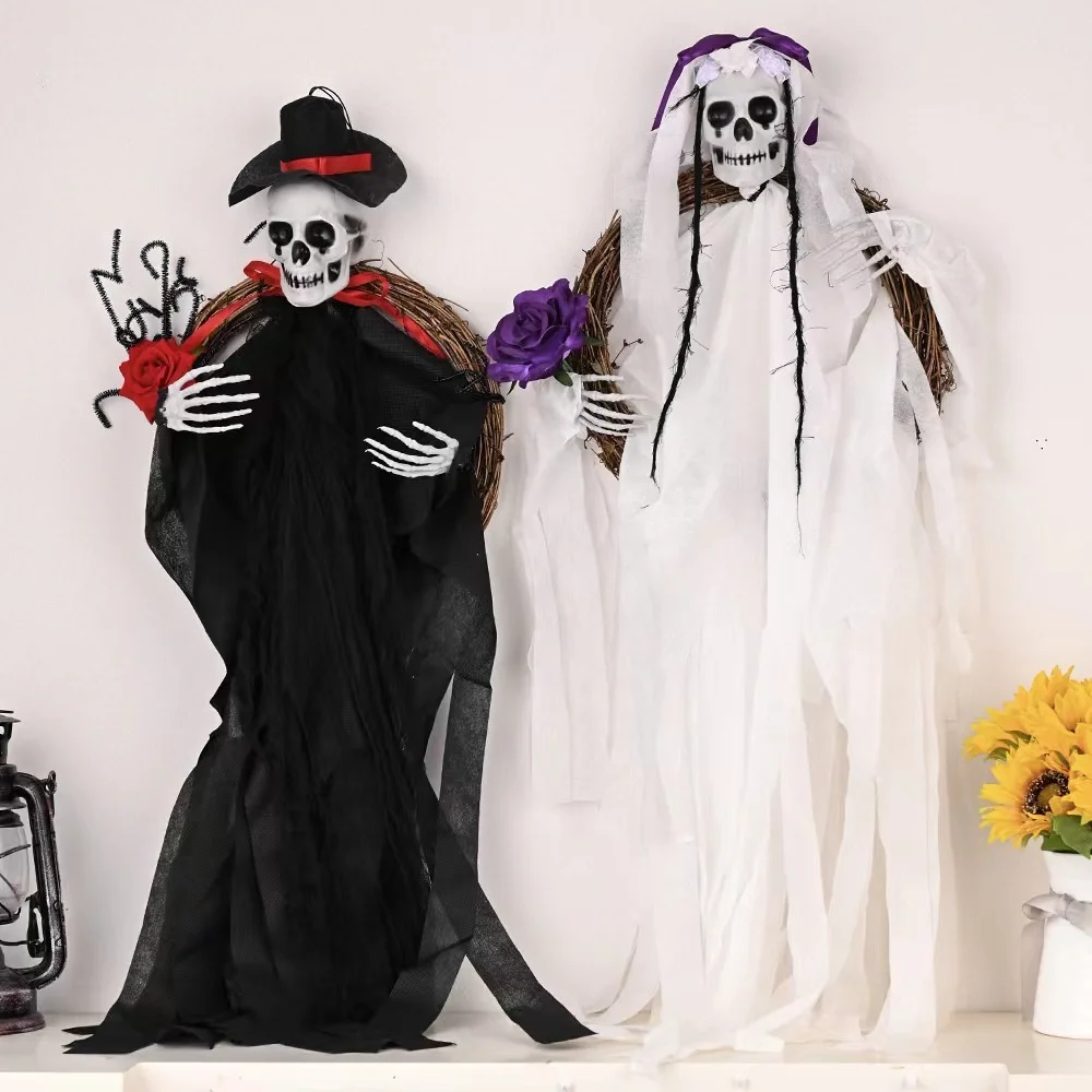 

Halloween Black White Ghost Skull Rose Vine Wreath Couplet Pendant Halloween Party Decorations for Home Terror Scary Ornament