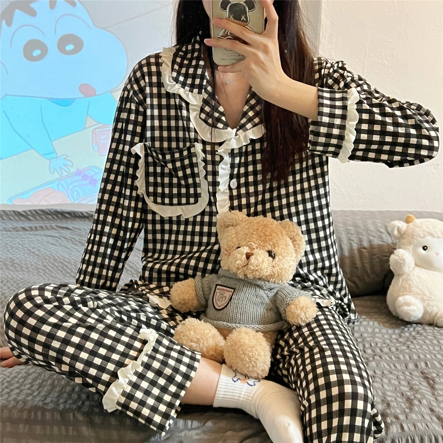 CAIYIER Flower Print Women Pajamas Set Long Sleeve Casual Sleepwear Cute Korean Gift Party Nightwear Girls Cardigan Homewear