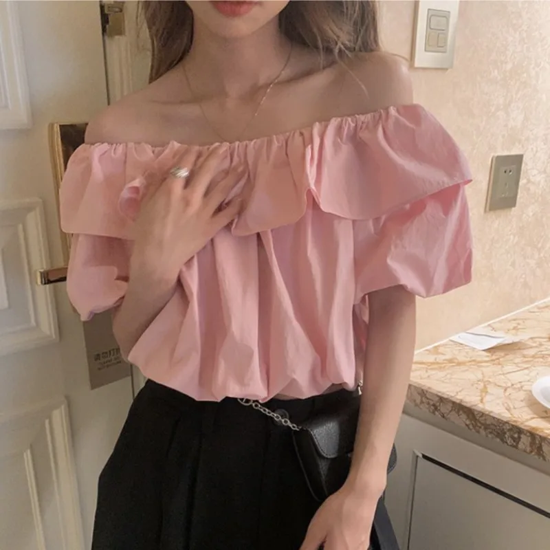 

Off Shoulder Shirt Women Summer Solid Color Short Sleeve Tops Casual Sweet Ruffled Puff Sleeve Blouse Slash Neck Clothes 27409