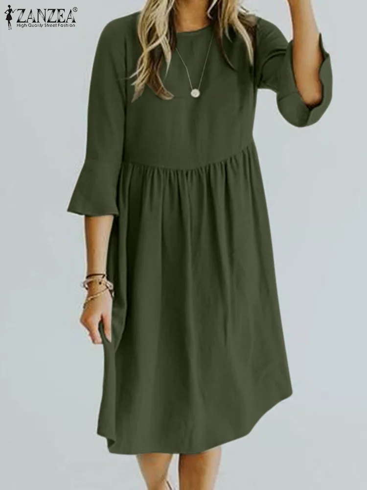 

ZANZEA Holiday Robe Elegant Ruffles Dresses For Women 2022 Fall Fashion 3/4 Sleeve O Neck Sundress Femme Midi Vestidos Oversized