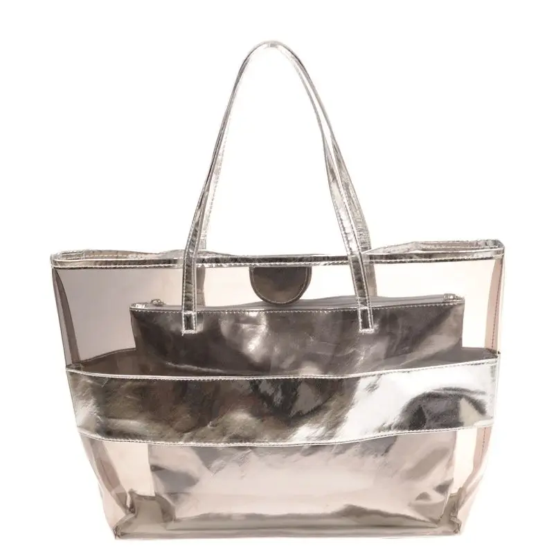 Women Pvc Transparent Bag Jelly Clear Beach Bags Handbag Women Big Tote Shoulder Bag Luxury Female Shopping Bags Silver