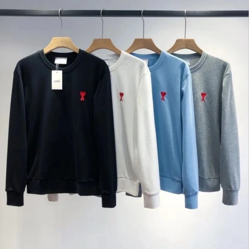 

2022Autumn Winter Ami Small Red Heart A Embroidered O-Neck Hoodie For Men And Women Loose Pullover Long Sleeve Couple Cotton Top