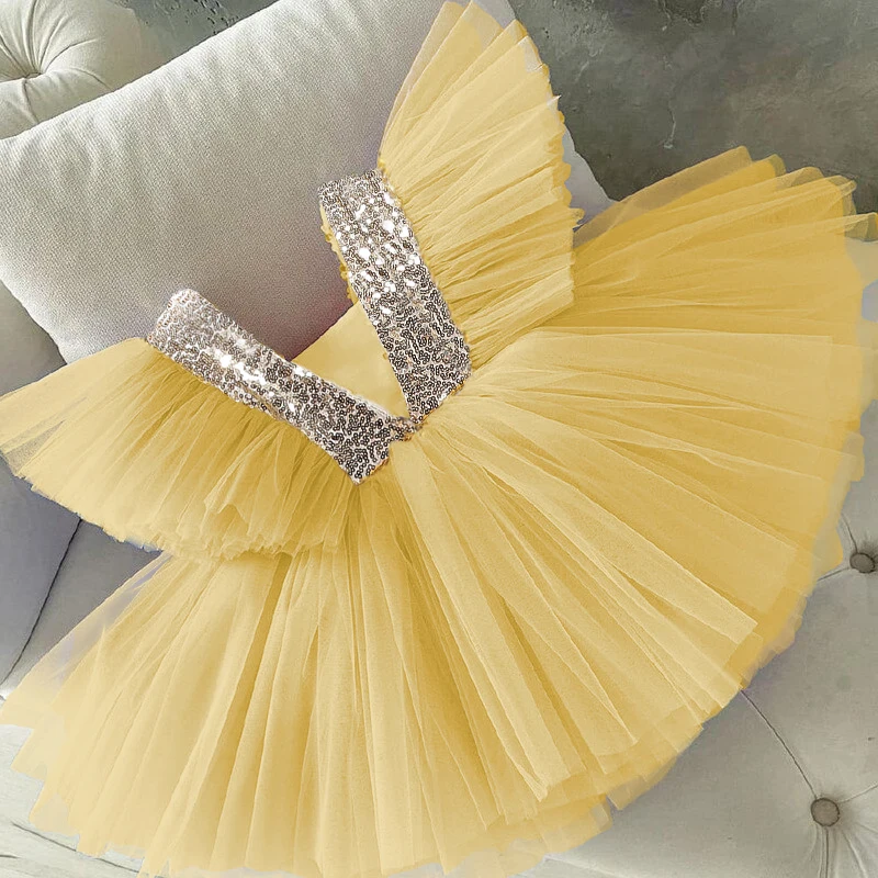 

Girl Sequined Tutu Dress Flower Girl Dresses For Wedding Toddler Girls Yellow Short Sleeve Fluffy Bow Costume For Birthday Party