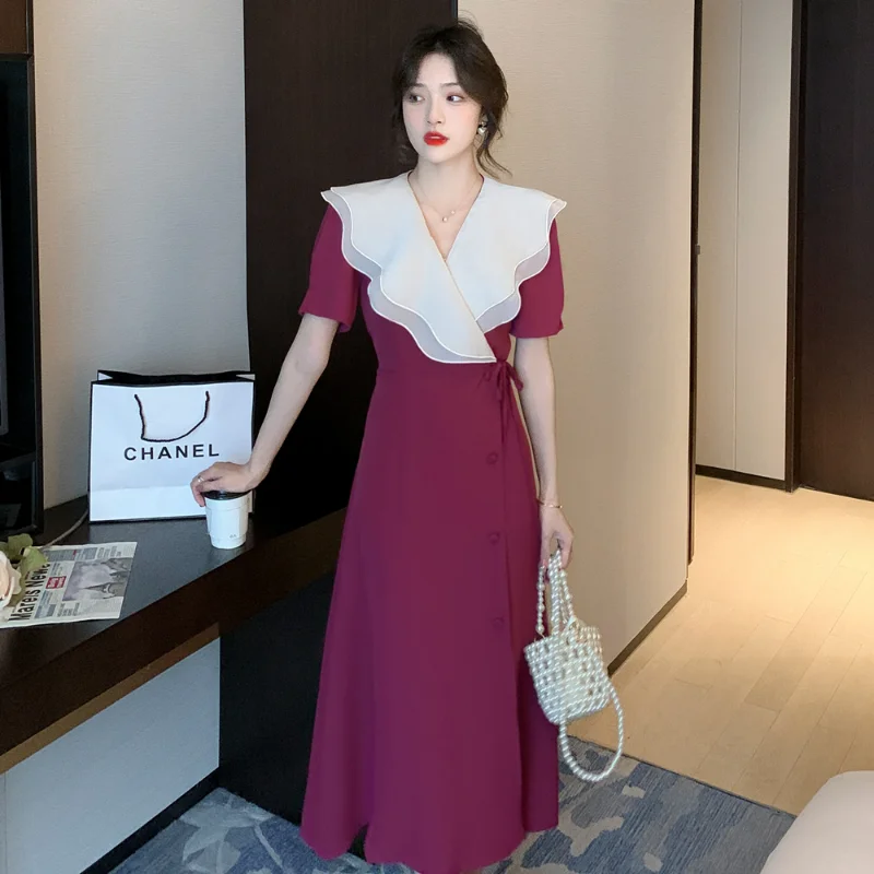 

Women Summer Vintage Long Wrapped Dress 2023 New Female Double Layer Ruffled Collar V-neck Lacing Up Slim Waist Sundress