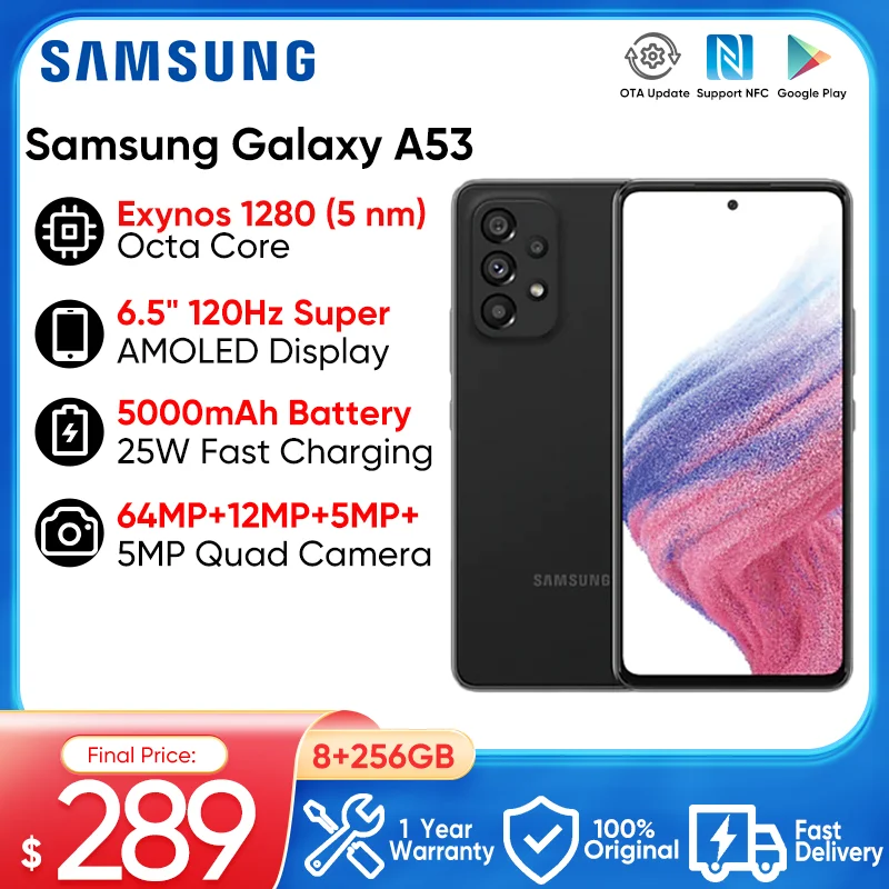 

Samsung Galaxy A53 5G Dual Sim 6.5" Super AMOLED 8GB RAM 256GB ROM Octa Core Fingerprint NFC Exynos1280 Unlocked Original
