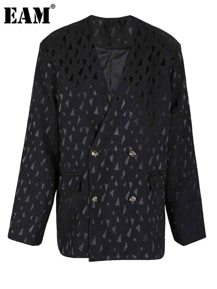 

[EAM] Loose Fit Black Textured Big Size Elegant Jacket New V-neck Long Sleeve Women Coat Fashion Tide Spring Autumn 2023 CPG0474
