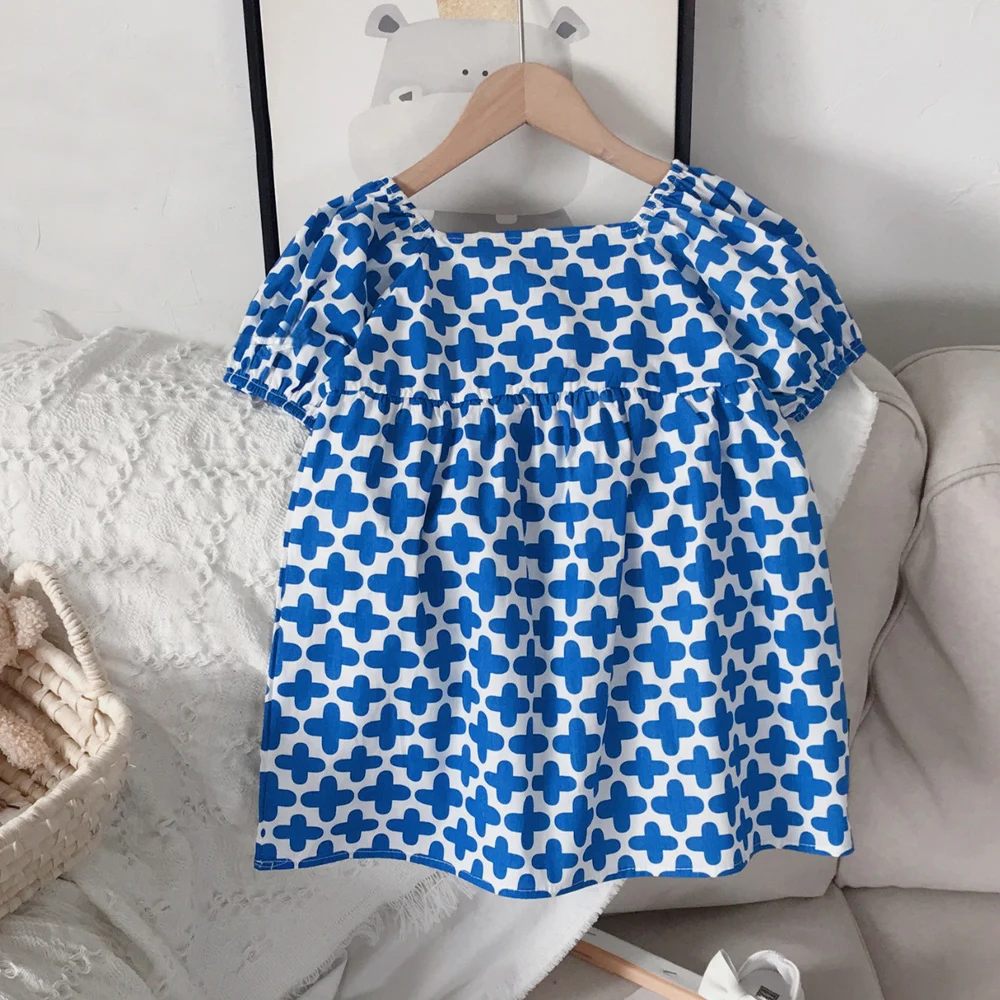 

VigoAnne, платья с коротким рукавом и квадратным вырезом для девочек с принтом, 2022, корейское однобортное платье, детская одежда для девочек, лет...