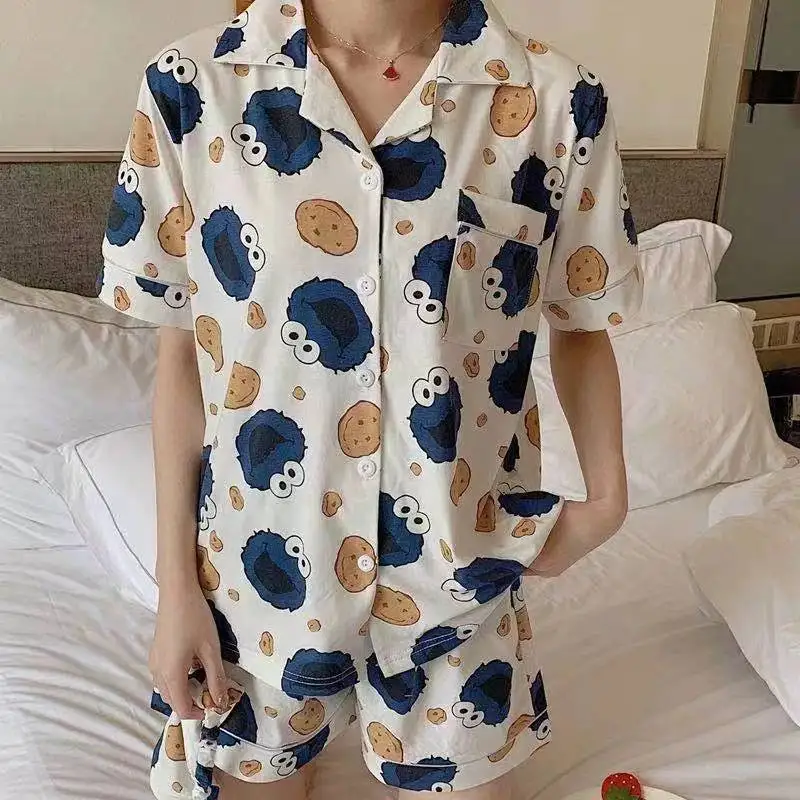 Summer Short Sleeved Pijama Set for Sweet Girls Sesame Print Cartoon Pajama Home Clothes Harajuku Homewear Nightgowns Cotton