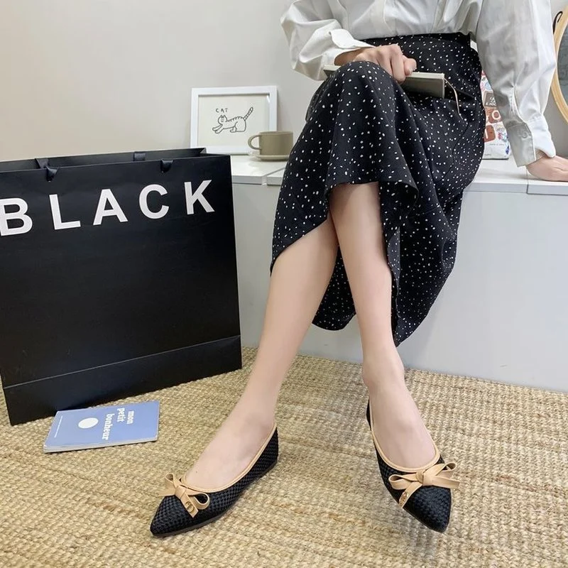 

Black Pointed Toe Flat Shoes With Bow Tie Women Shallow Mouth Female Shoes Party Feetwear Zapatos Mujer With Bow Tie For Women