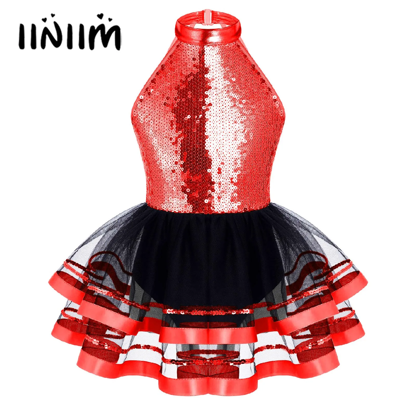 

Kids Girls Sparkling Sequins Ballet Jazz Dress Sleeveless Round Neckline Decorated Straps Hollow Back Tutu Mesh Dance Dress