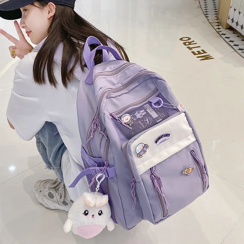 

Nylon Waterproof Women Backpack College Style Pure Color Schoolbag for Teenage Girls Cute Casual Travel Backpack Bookbag