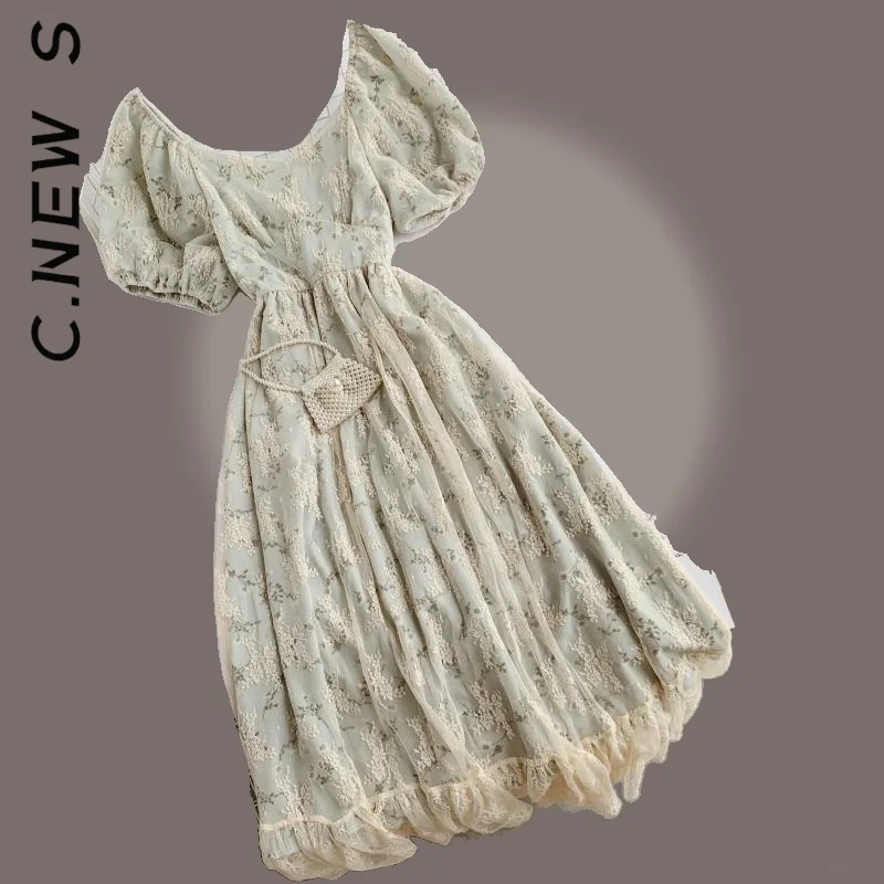 

C.New S Dress New Women Retro Chiffon Dress Puff Sleeve Floral Print Dress Lazy Cheap Female Dress Woman Vestidos