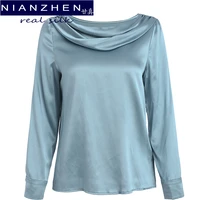 nianzhen real 100 silk satin long sleeves tops solid chic blouse 2022 new fashion spring autumn office lady t shirt 90075