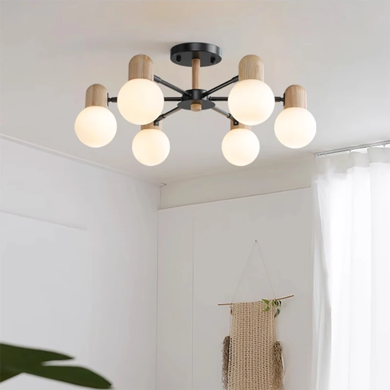 

Nordic Wooden Ceiling Light LED Multihead Milk White Indoor Decorative Lamp For Bedroom Living Room Dining Room Lighting Fixture