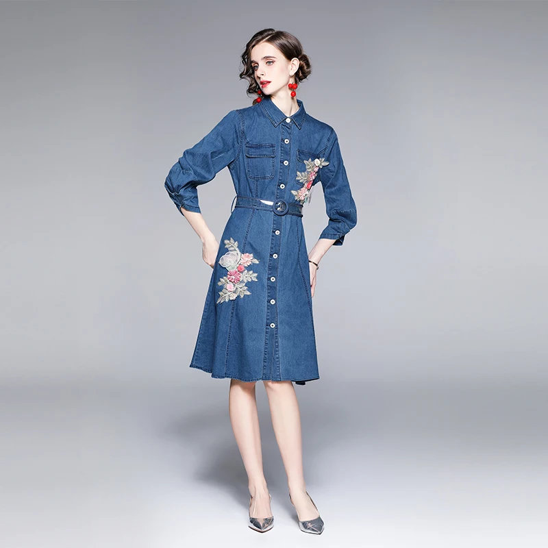 

Женское джинсовое платье с отворотом, Вышитые Ретро платья-рубашки средней длины с рукавами-фонариками на талии