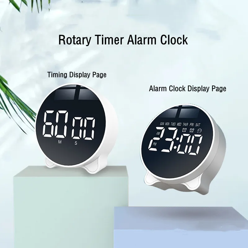 Digital Alarm Clock Snooze Day of Week Display Rotary Timing Countdown Dual Alarms Desktop Table Clock 12/24H Mirror LED Clock