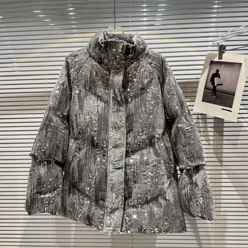 

Fashion Sequins Stand Collar Cotton-padded Coat Winter Women White Grey Outwear Casual Long Sleeve Warm Cotton Parkas Female New