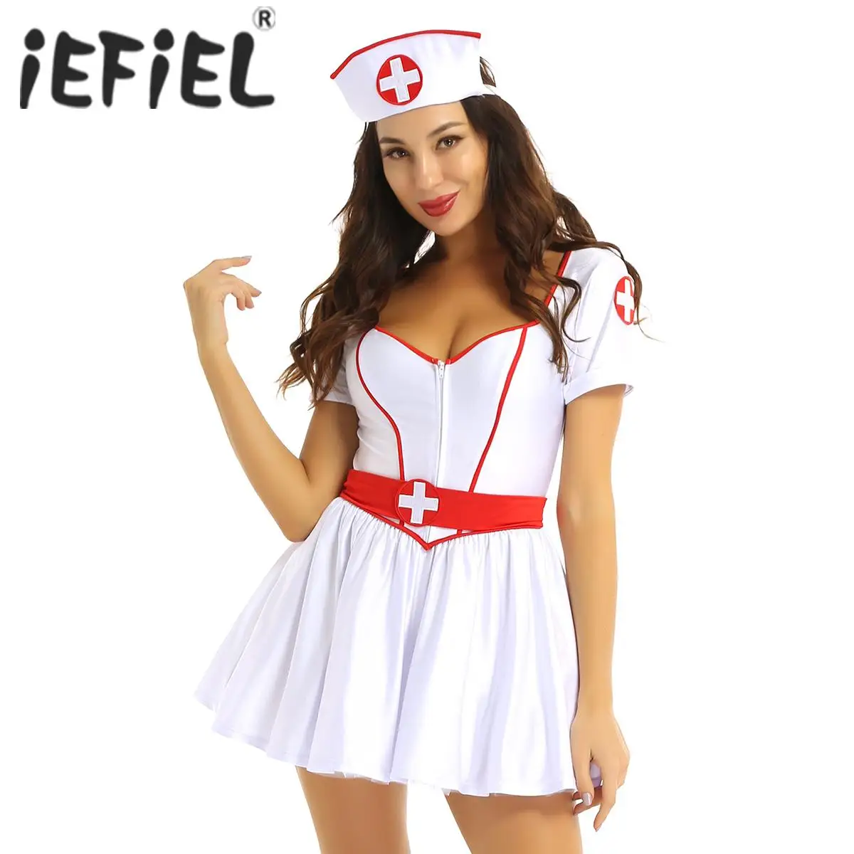 

Женский костюм медсестры или врача, наряд для Хэллоуина, платье-пачка с коротким рукавом и вырезом сердечком, с повязкой на голову и поясом