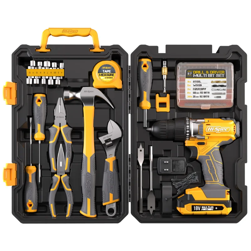 Hi-Spec Tool kit Set Cordless Screwdriver Cordless Drill Professional Maintenance Tools Set Combination Mixed Plastic Storage