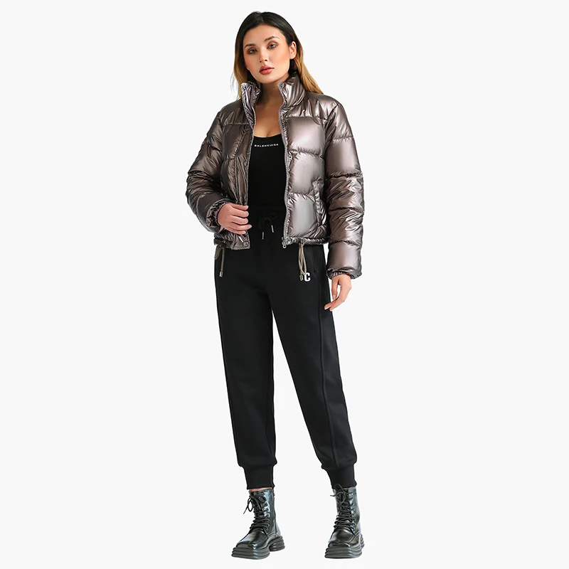 SANTELON Winter Thick Parka Short Padded Puffer Jacket Coat For Women Fashion Solid Golden Grey Outdoor Casual Warm  Outwear