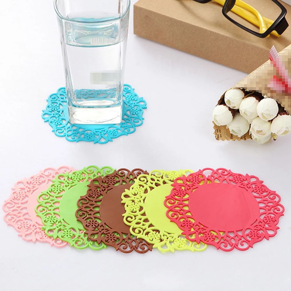 

Cup Mat Silicone Coaster Anti-slip Coffee Tea Mats Pad Lace Flower Hollow Doilies Table Placemat Kitchen Accessories