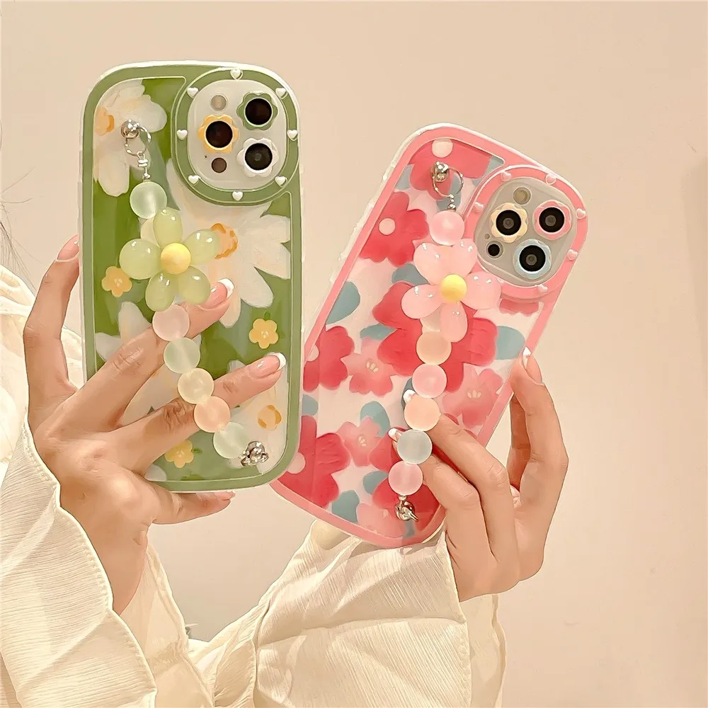

Fashion Cute Clear Colorful Flower Chain Wristband Female Soft Case For Iphone 11 12 13 Pro Max Xr X Xs Anti-drop Cover Fundas