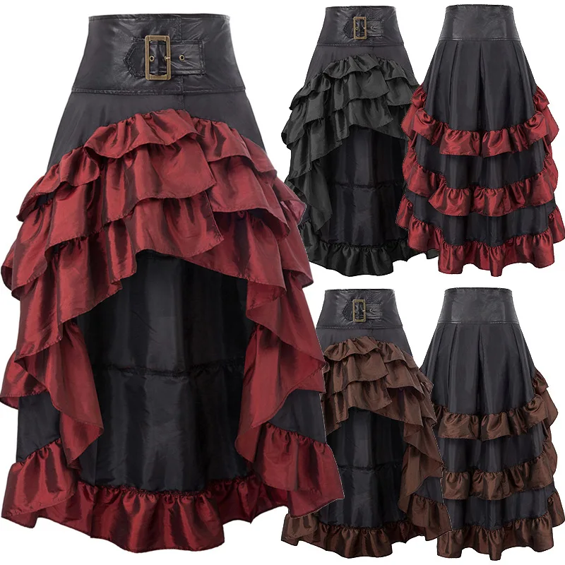 Cosplay Vintage Steampunk Dress Victorian Medieval Ruffled Satin & Lace Trim Gothic Skirts Women Corset Skirt Pirate Costumes