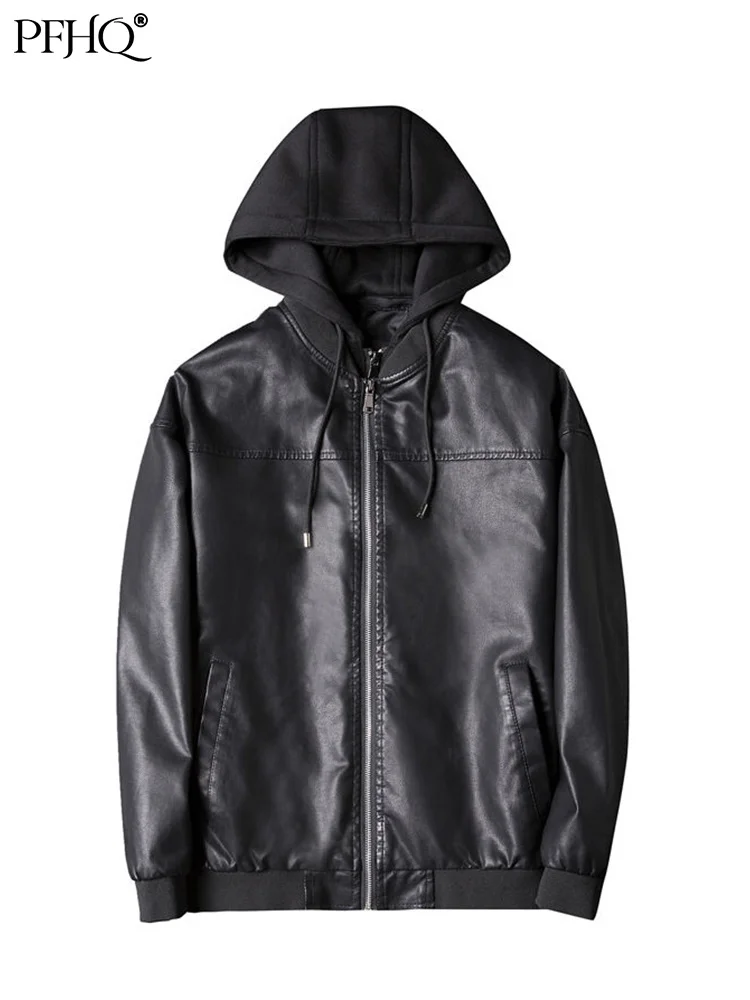 

Autumn Winter 2023 New Men's Detachable Hat Fake Two Loose Leather Coats PU Jackets Fashion Casual Faux Fur Clothes 21Q2542