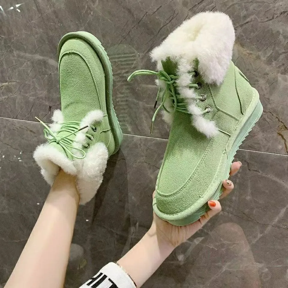 

Женские ботильоны, новинка 2022, дамские ботинки на шнуровке для снега, удобные плюшевые ботинки из флока на платформе и толстом каблуке, женская обувь