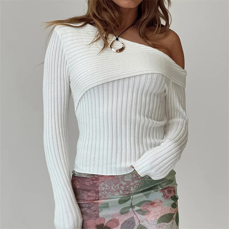 

Женский укороченный вязаный свитер, однотонный облегающий пуловер с косым открытым плечом и длинным рукавом, уличная одежда на весну и осень