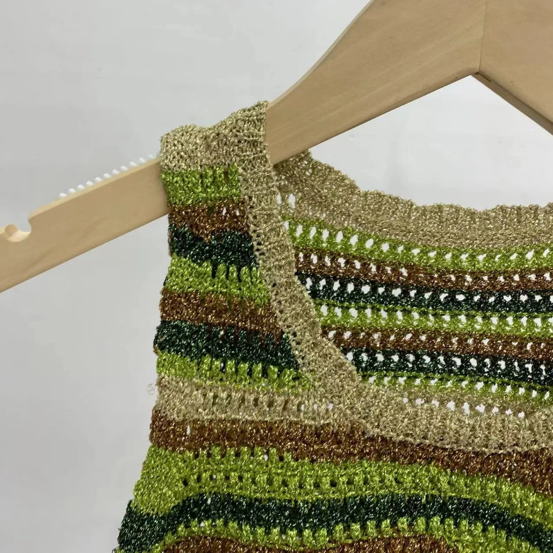 

2023 Spring and Summer New Color-blocking Women Striped Hollow-knit Camisole