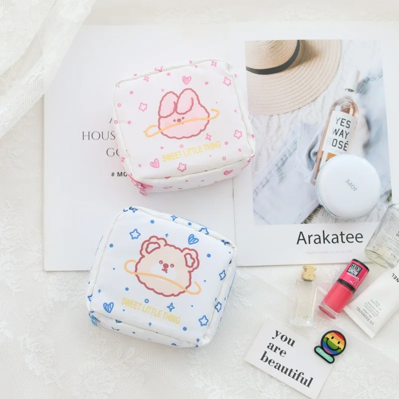 

Mini cute bunny/bear sanitary napkin storage bag student girls portable cloth pocket earphone storage animal pattern 13*11.5cm