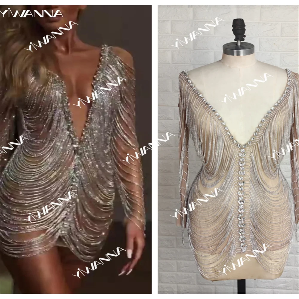 

Sexy Illusion Deep V-neck Cocktail Dress Sparkly Crystal Beads Evening dress Luxury Sheath Mini Prom dress Robe De Mariée