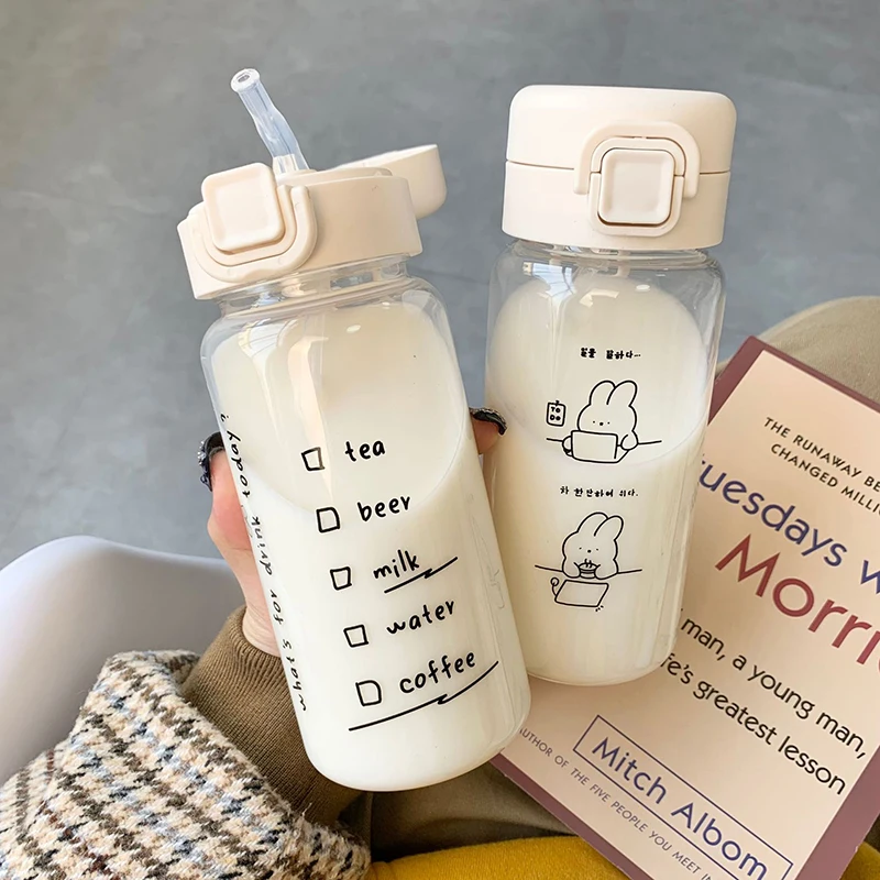 

Creative Cartoon Water Bottle with Straw Cute Plastic Drinking Bottle Portable Leak-proof Drinkware for Drinking Milk Coffee Tea
