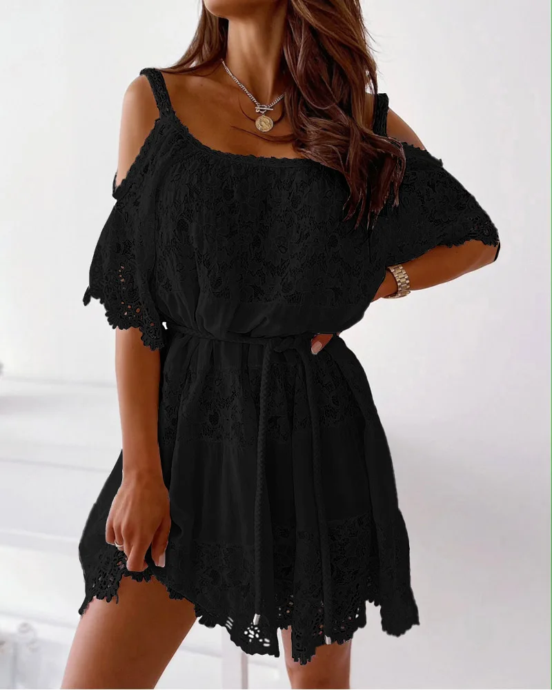 

Cold Shoulder Contrast Lace Casual Dress Women Solid Color Mini Dress High Waist Fashion Half Sleeve