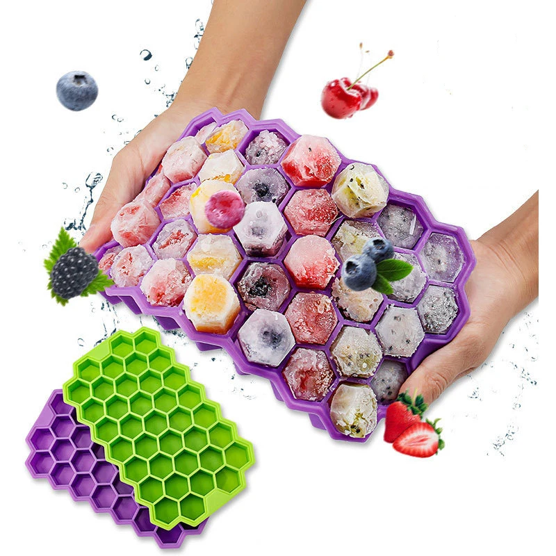 

New Silicone Ice Cube Ice Cube Mold With Cover Food Grade Honeycomb 37 Grid Ice Box Thickened Ice Maker Silicone Ice Mold