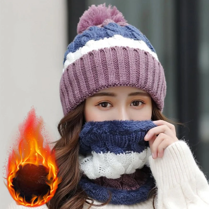 

New Winter Hats Women Thick Knit Warm Beanies Hat Bib Female Windproof Cycling Wool Stitching Knitting Hedging Caps Neck Cap