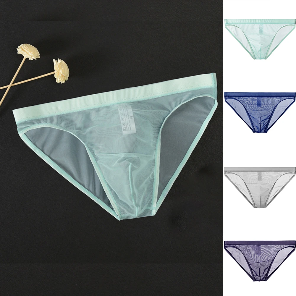 

Men Sexy Thongs Solid Low Waist Mesh Briefs Transparent Ultra Thin Underpants Breathable Underwear Panties Gay Men's Underwear