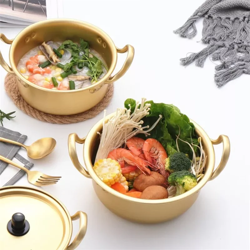 

Korean Multi-Function Cooking Pot Aluminum Noodle With Lid Milk And Egg Fast Heating Cooking Tool Golden Home Kitchen Cooker