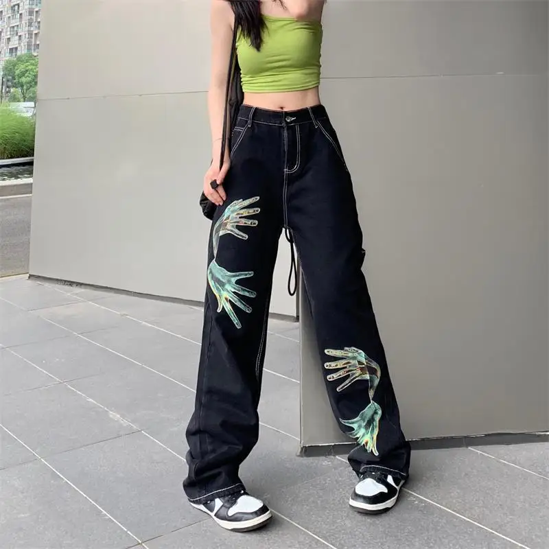 

Street fashion jeans Men's loose casual straight trousers Women's fashion retro high waist Y2K printed wide leg trousers