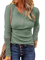 women long sleeve round neck solid stitching lace loose t shirt for spring