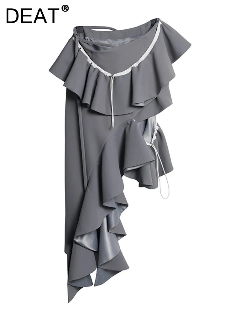 DEAT Fashion Women's Skirt High Waist Gray Asymmetric Ruffles Hollow Out Bandage Drawsreing Skirt Autumn 2023 New Tide GX592
