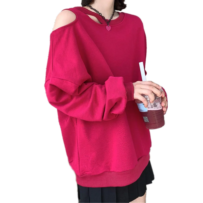 

2022 Spring Women Streetwear O-Neck Hollow Out Single Shoulder Pullover Hoodies Drop Long Sleeves Sweatshirt All-Match Clothes