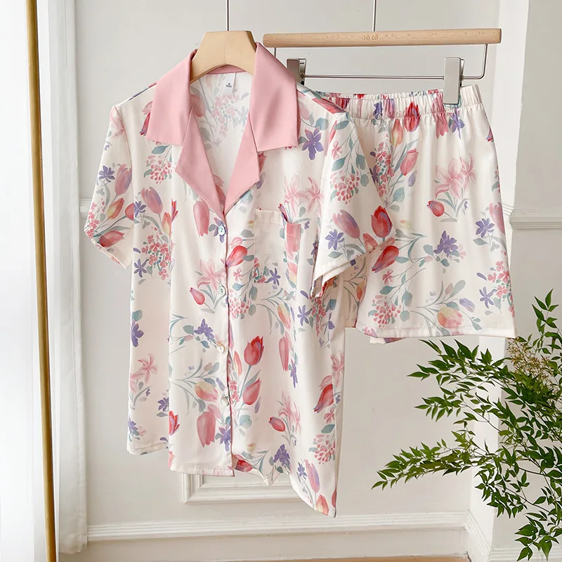 2023 Pajamas Women's Oil Painting Tulip Korean Version of The High-end Texture Retro Craft Home Suit Leisure and Soft Sleepwear