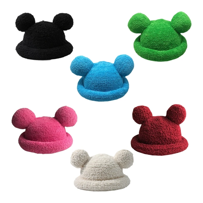 

Casual Solid Bucket Hat for Winter Plush Cartoon Bear Ear Shape Fisherman Hat