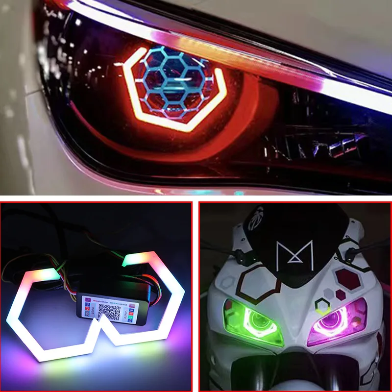 Фото 2 шт. RGB APP Control Hexagon Angel Eyes Halo Rings Модернизированная фара автомобиля Мотоцикл Белый DRL + Янтарный указатель поворота 12 В 24 В №5