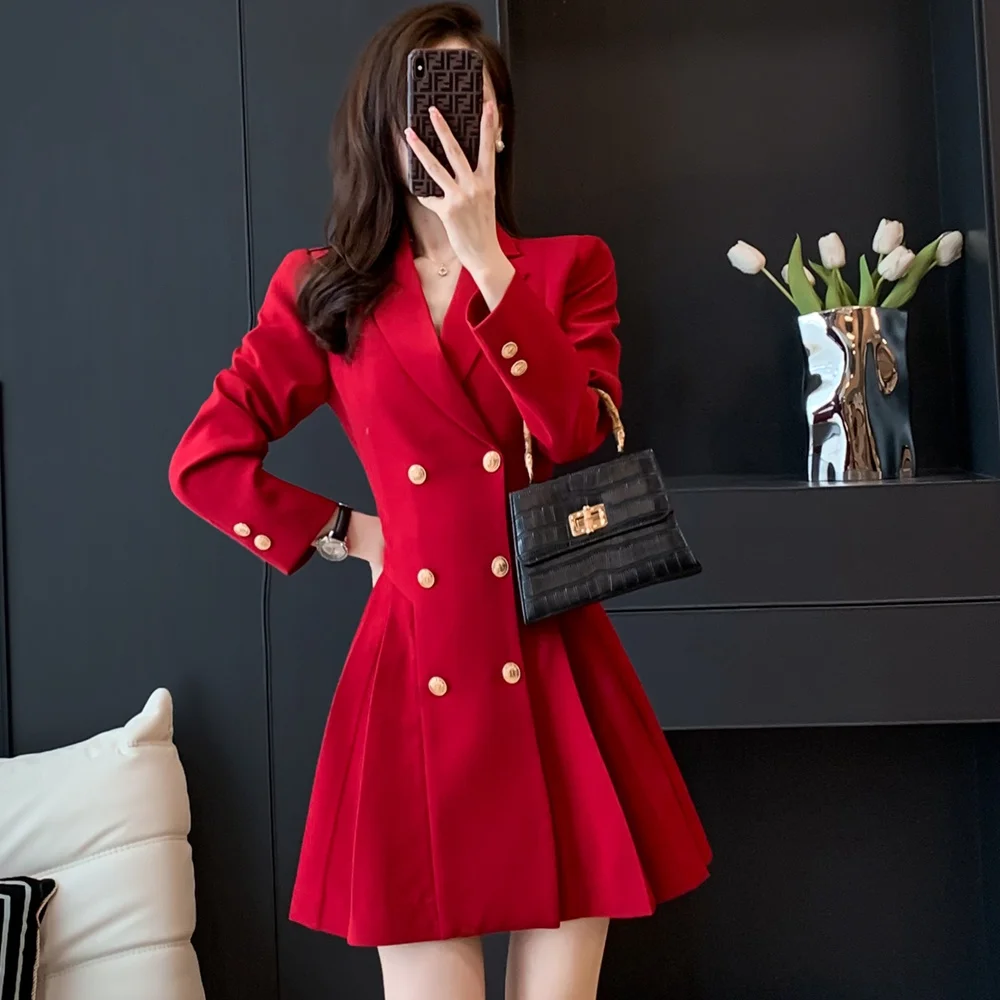 Elegant Women Blazer Dress Korean Fashion Trench Double Breasted Lengthened Lapel Female Clothing Office Ladies Formal Jacket