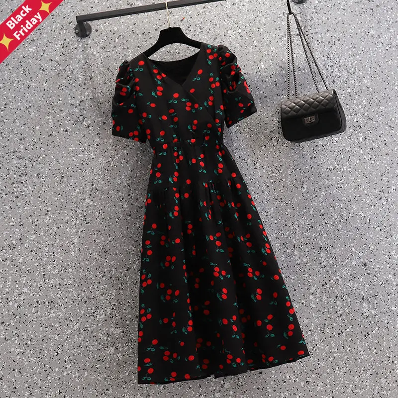 

2023 New Elegant Short Sleeve Floral Dress Womens Clothing Summer Cherry Print Dresses Open Tank Tops Machine Chiffon Dress j106